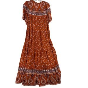 In Loom Medium Boho Bohemian Cottage Maxi Dress Rust Orange Floral Paisley Print